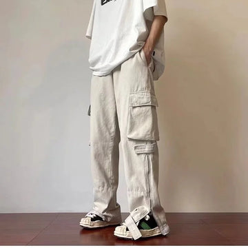 Summer thin American retro Multi Pocket overalls for men trousers and women loose ins fashion brand white straight casual pants Maytrends